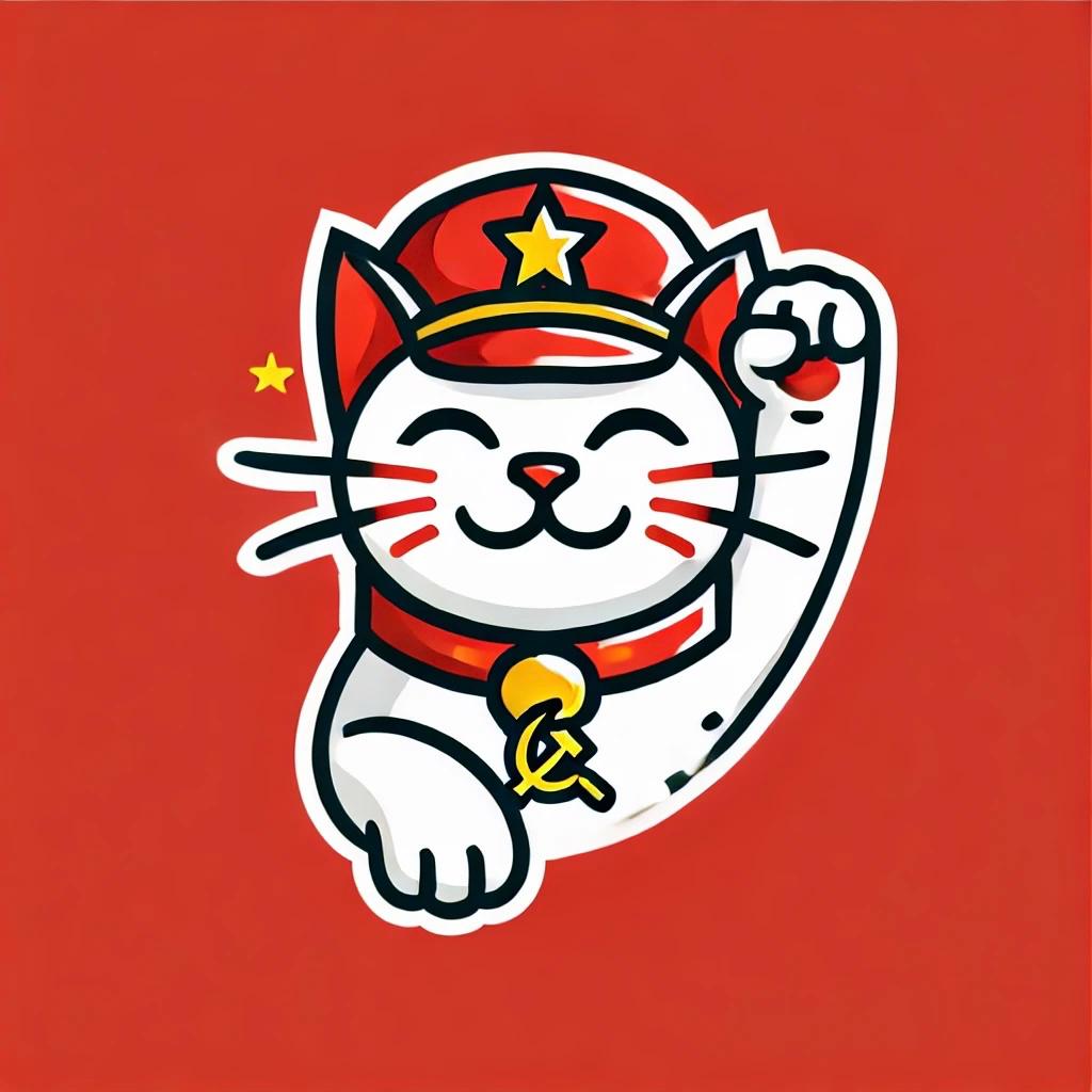 White lucky cat wearing an Antifaradio cap on a red background